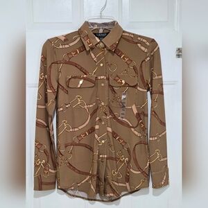Lauren Ralph Lauren Belting Print Button-Up Stretch Jersey Shirt Blouse XXS.